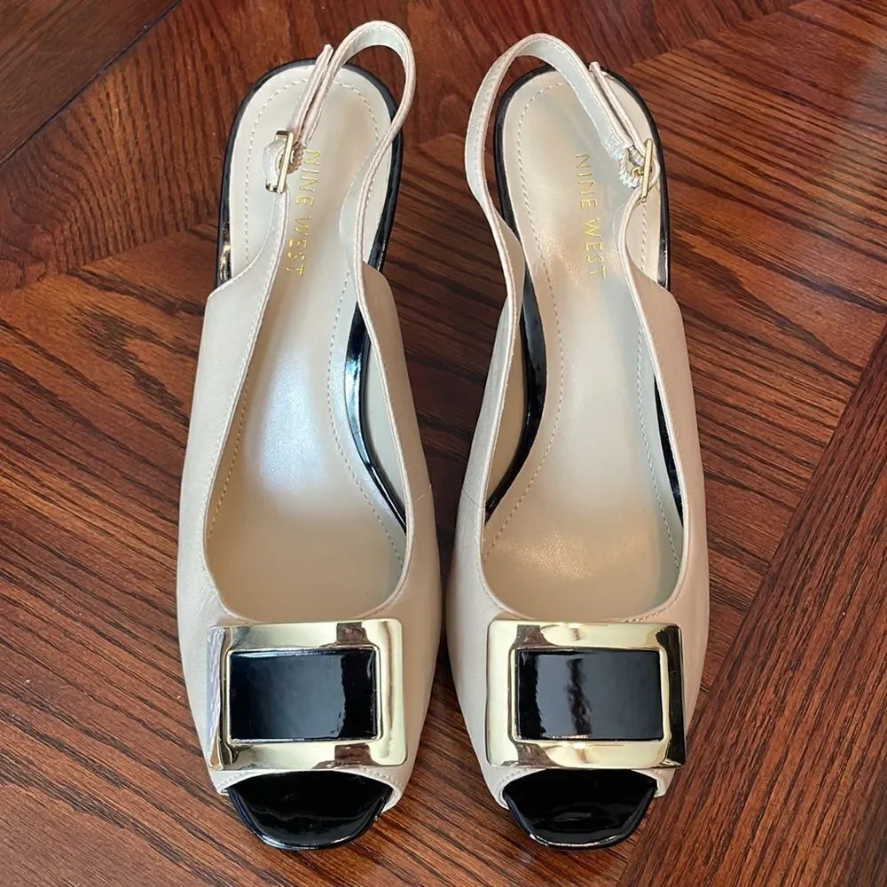 Nine West ivory leather black patent and gold accent slingback platform heels
